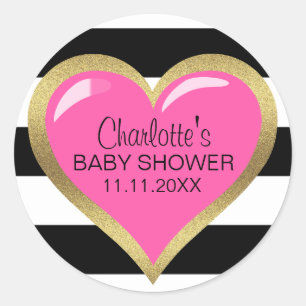 Sticker Rond Baby shower moderne moderne rose Coeur noir blanc