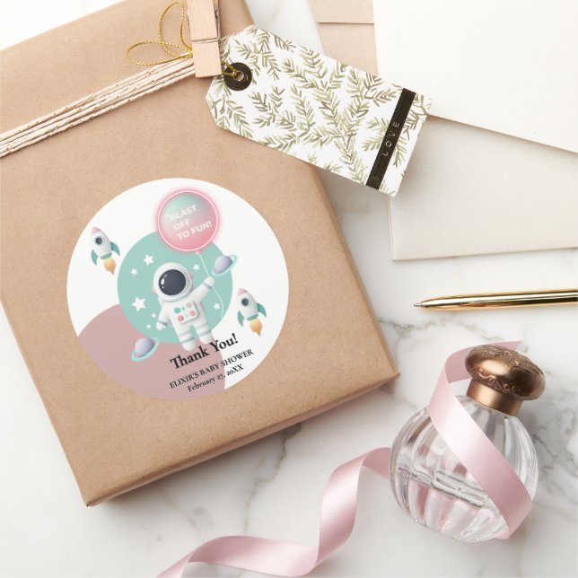 Sticker Rond Baby shower moderne Pastel Space Explorer (Cadeaux)