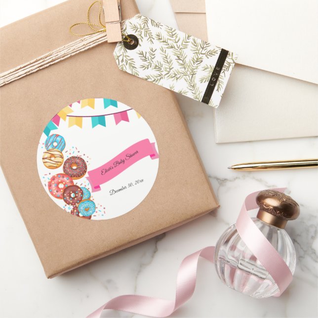 Sticker Rond Baby shower moderne pour bébés Donut arroser (Cadeaux)
