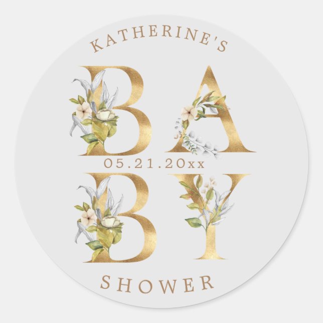 Sticker Rond baby shower monogramme or fleuri (Devant)