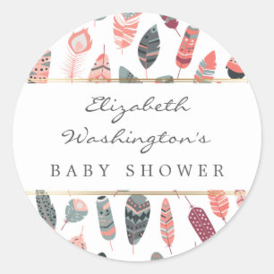 Sticker Rond Baby shower Motif de Plumes de Bohême