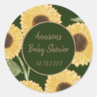 Sticker Rond Baby shower Motif de tournesol vert personnalisé