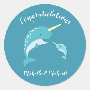 Sticker Rond Baby shower Narwhal Jaune Genre Baleine Neutre