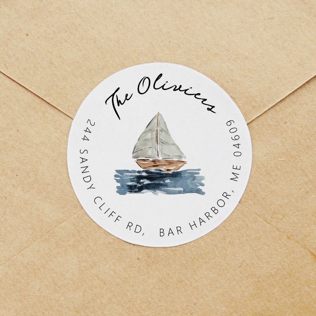 Sticker Rond Baby shower nautique Adresse de retour Label (Nautical watercolor sailboat return address label round sticker.)