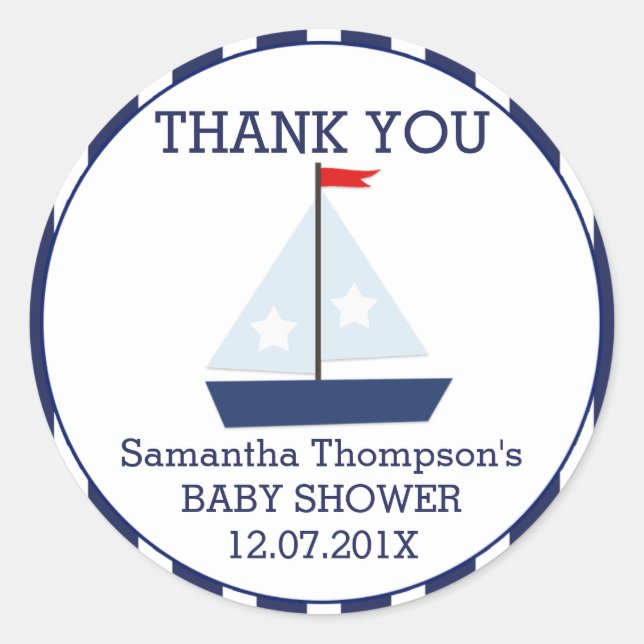 Sticker Rond Baby shower nautique Bateau à voile Favoriser Stic (Devant)