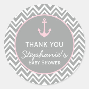 Sticker Rond Baby shower nautique gris et rose pastel Chevron