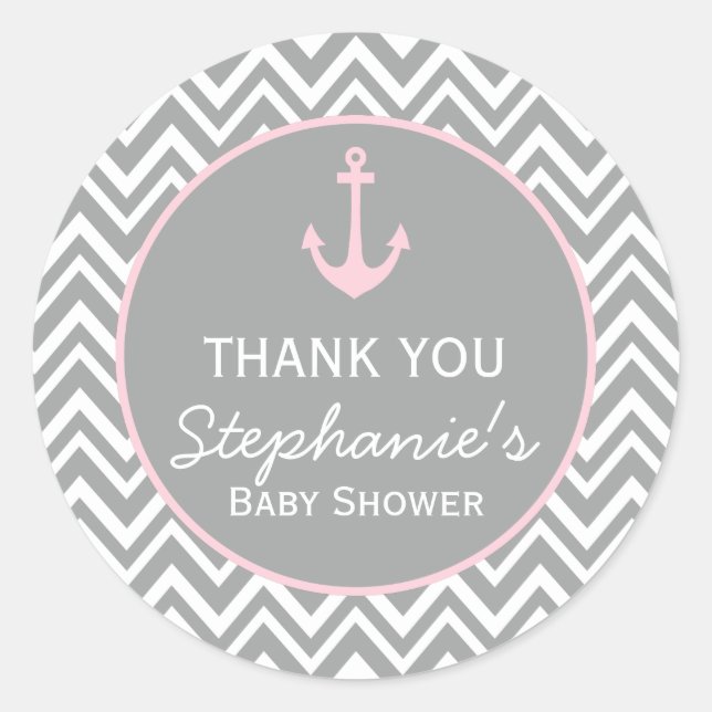 Sticker Rond Baby shower nautique gris et rose pastel Chevron (Devant)
