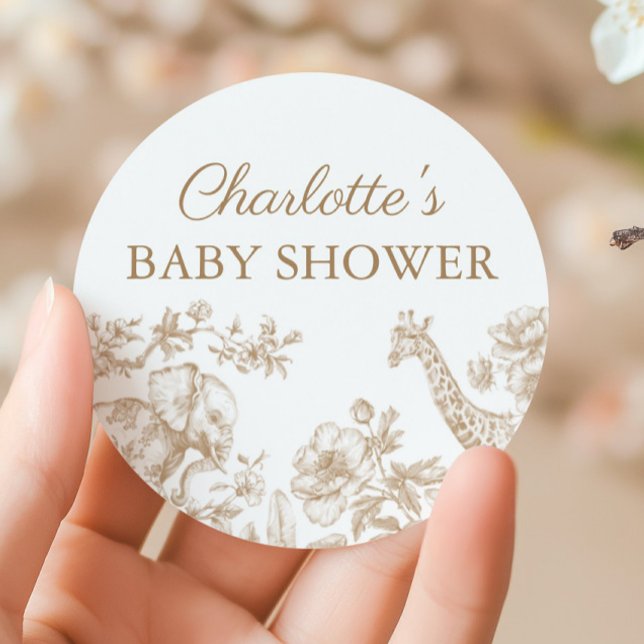 Sticker Rond Baby shower neutre beige Safari Toile de Jouy (Beige Neutral Baby Shower Safari Toile de Jouy Classic Round Sticker)