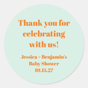 Sticker Rond Baby shower Orange Mint moderne Merci personnalisé