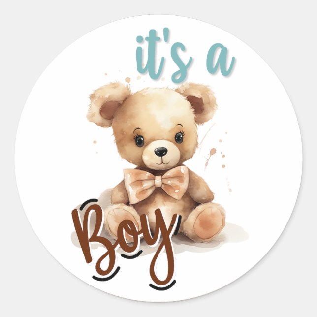 Sticker Rond Baby shower Ours Bleu Boho (Devant)