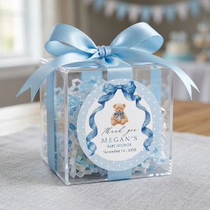Sticker Rond Baby Shower Ours en Peluche Bleu Garçon