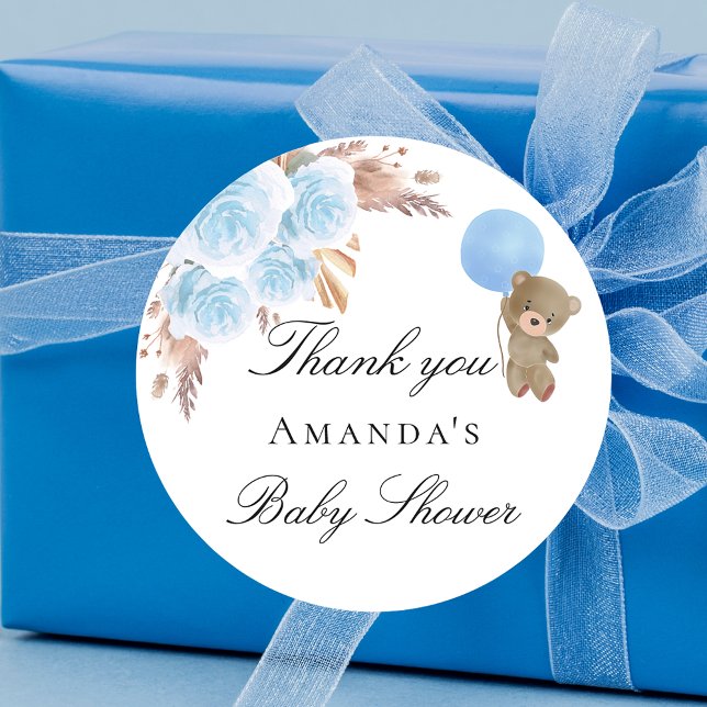 Sticker Rond Baby shower ours en peluche bleu pampas herbe garç (Créateur téléchargé)