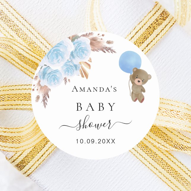 Sticker Rond Baby shower ours en peluche pampas herbe bleu garç (Créateur téléchargé)