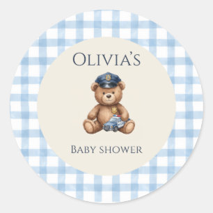 Sticker Rond Baby Shower Ours en Peluche Policier à Carreaux