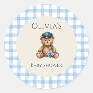 Sticker Rond Baby Shower Ours en Peluche Policier à Carreaux