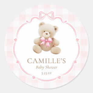 Sticker Rond Baby-Shower Ours en Teddy Gingham Rose