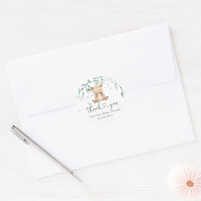 Sticker Rond Baby shower Ours mignon en bois vert (Enveloppe)