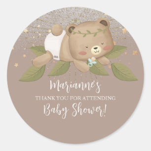 Sticker Rond  Baby Shower Ours Paillettes Bohème Étoiles Or 