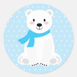 Sticker Rond Baby Shower Ours Polaire Garçon Bleu