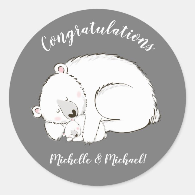 Sticker Rond Baby shower Ours polaire Hiver gris Sexe Neutre (Devant)