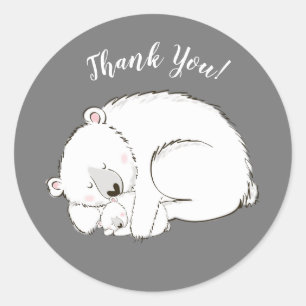 Sticker Rond Baby shower Ours polaire Hiver gris Sexe Neutre