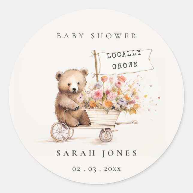 Sticker Rond Baby shower Panier Floral Teddy Cute Localement Cu (Devant)