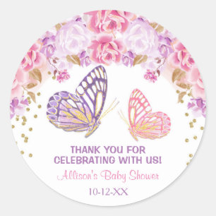 Sticker Rond Baby shower papillon autocollants, or rose violet