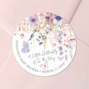 Sticker Rond Baby Shower Papillon Fleur Sauvage