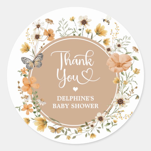 Sticker Rond Baby Shower Papillon Fleur Sauvage Terreuse d'Auto (Devant)