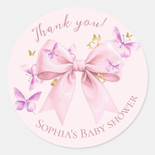 Sticker Rond Baby Shower Papillon Rose