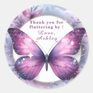 Sticker Rond Baby Shower Papillon Violet Merci 