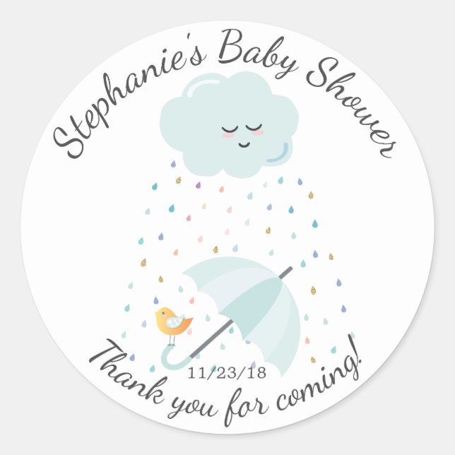 Sticker Rond Baby shower Parapluie doux Oiseau Favoriser Sticke (Devant)