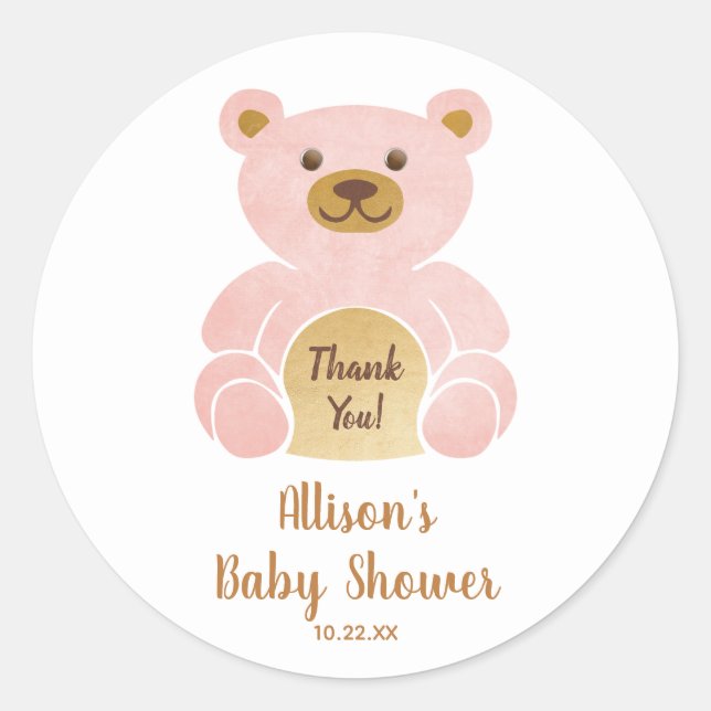 Sticker Rond Baby shower Pastel Pink Teddy Bear Merci (Devant)