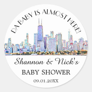 Sticker Rond Baby shower personnalisé Chicago Skyline