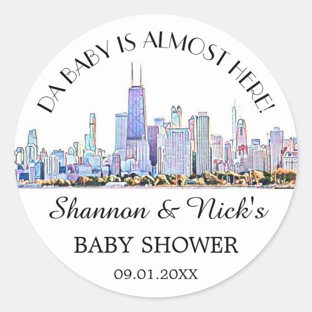 Sticker Rond Baby shower personnalisé Chicago Skyline (Devant)