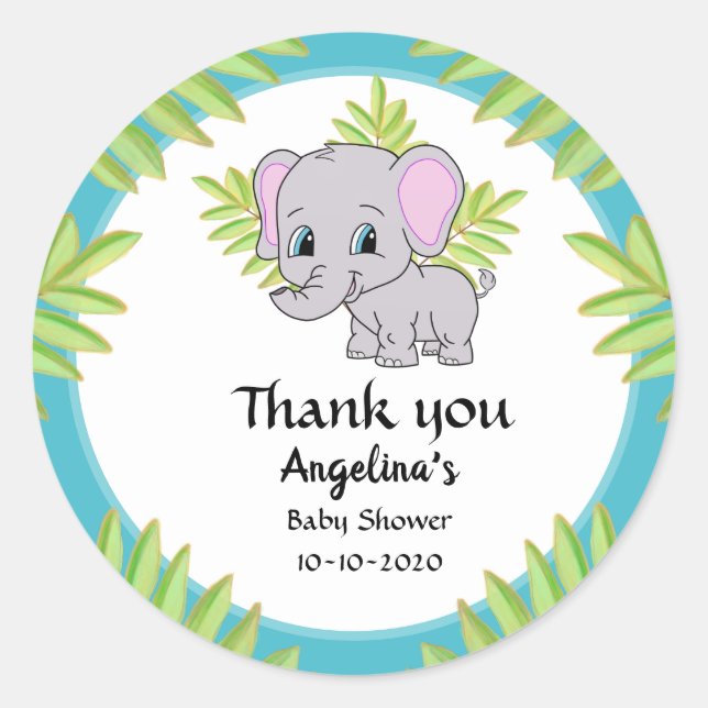 Sticker Rond Baby shower petit éléphant bleu Merci bleu (Devant)