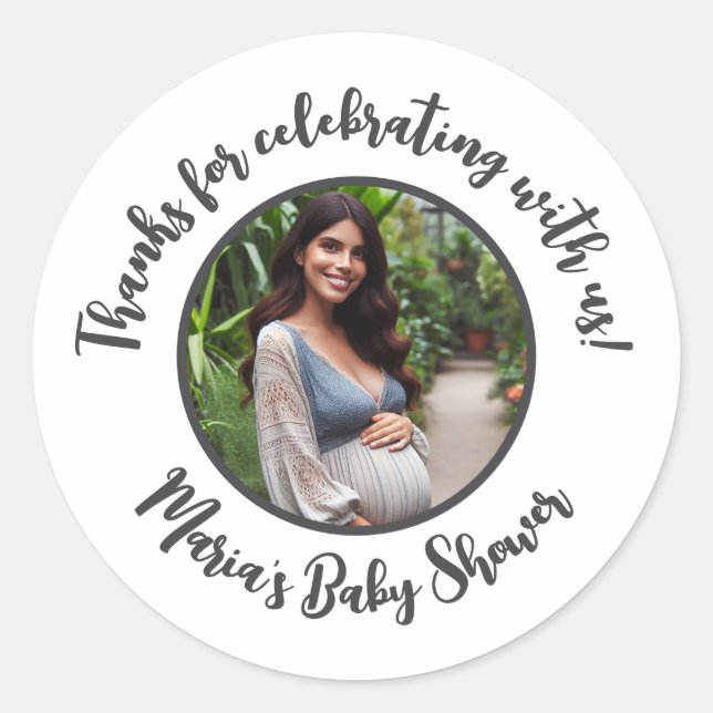 Sticker Rond Baby shower photo personnalisé Merci de script mod (Devant)