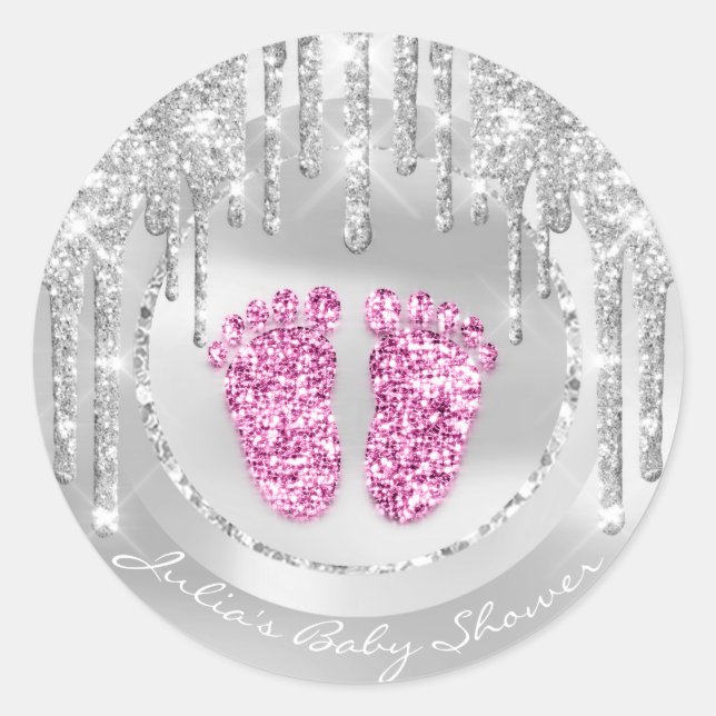 Sticker Rond Baby shower Pieds rose Nom Drivers Grey Parties sc (Devant)