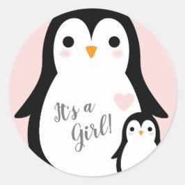 Sticker Rond Baby shower Pingouin mignon fille rose