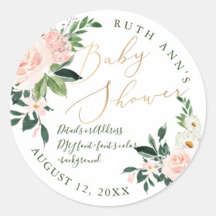 Sticker Rond Baby shower PixDezines, Aquarelle florale, Blush