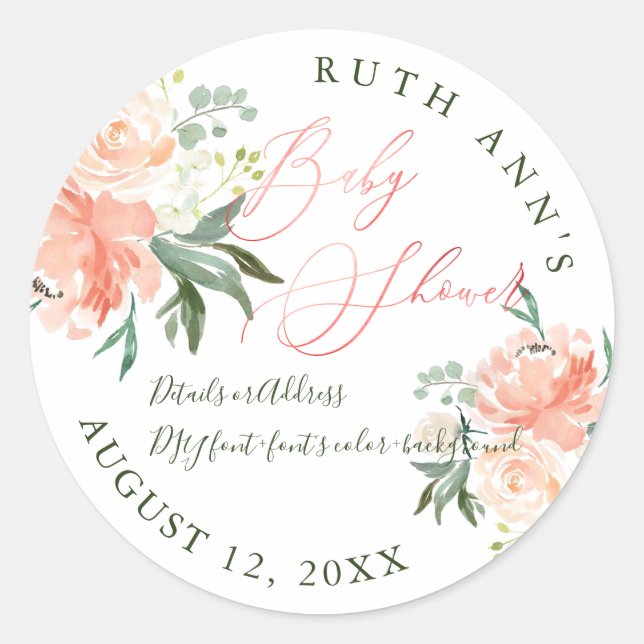 Sticker Rond Baby shower PixDezines, Aquarelle Florale, Pêche (Devant)