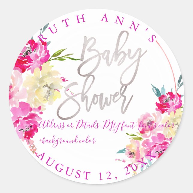 Sticker Rond Baby shower PixDezines, Aquarelle Florale, Peonie (Devant)