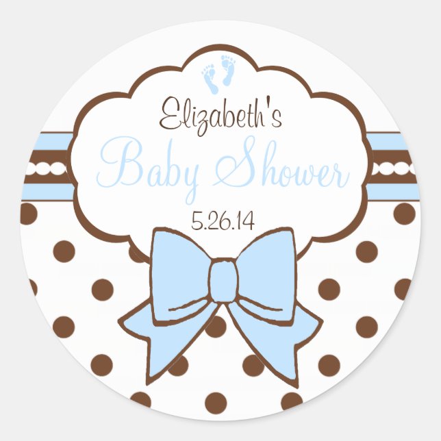 Sticker Rond Baby shower Pois bleu et Brown (Devant)