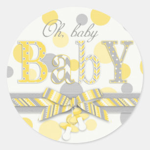 Sticker Rond Baby shower Pois jaune et gris