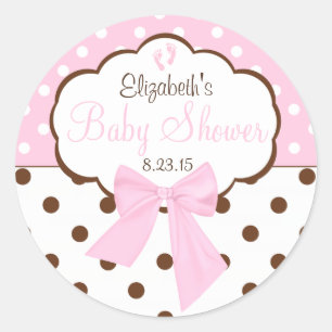 Sticker Rond Baby shower Pois rose et Brown