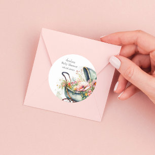 Sticker Rond Baby shower Pram Vintage personnalisé