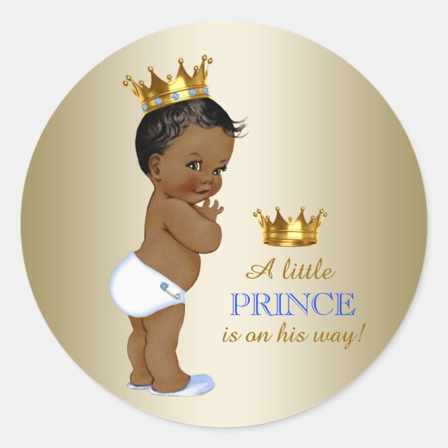 Sticker Rond Baby shower Prince ethnique Bleu et Or (Devant)