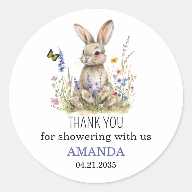 Sticker Rond Baby shower Quelques fleurs sauvages lapin autocol (Devant)