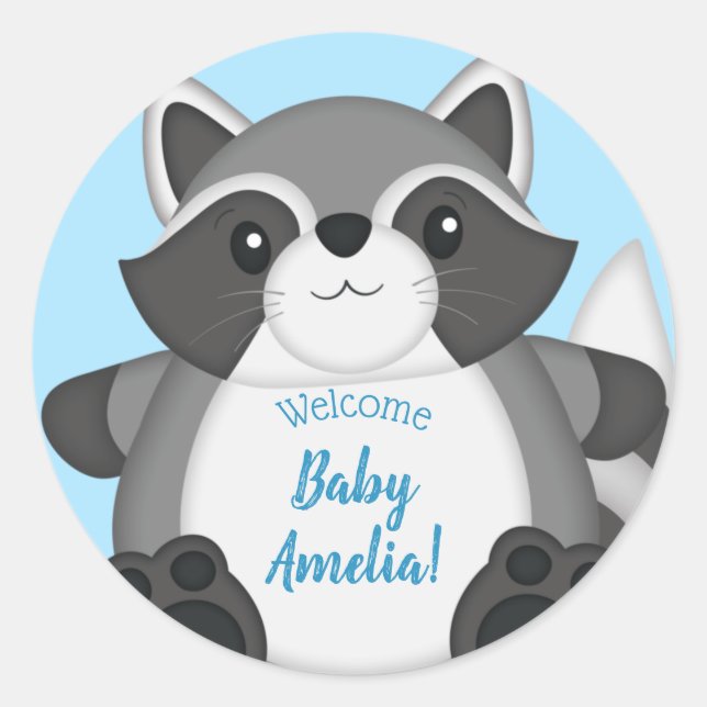 Sticker Rond Baby shower Raccoon bleu (Devant)