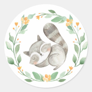 Sticker Rond Baby shower Raccoon couché bébé couché à l'aquarel